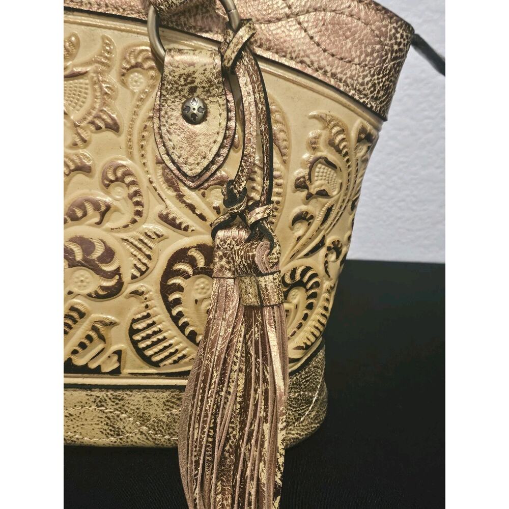 Patricia Nash Burnished Tooled Zorita Satchel Bag Metallic gold finish 14x10x4 - Picture 5 of 15